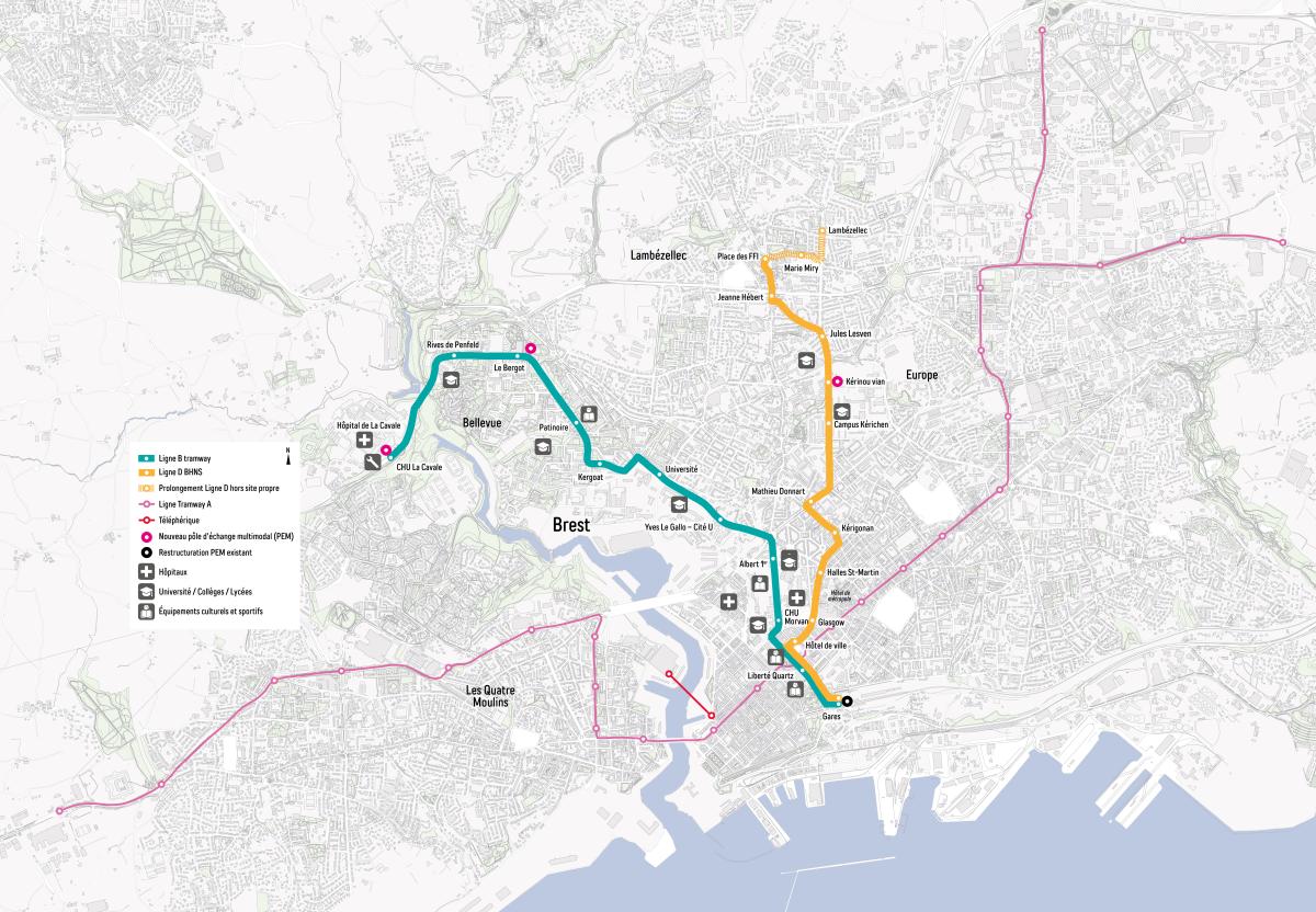 Carte des lignes B et D de tramway